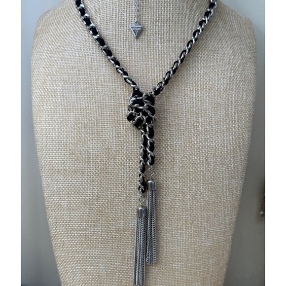 Guess Black & Silver Chain Tassel Necklace With Knot Design Adjustable Length Fa - Picture 1 of 12